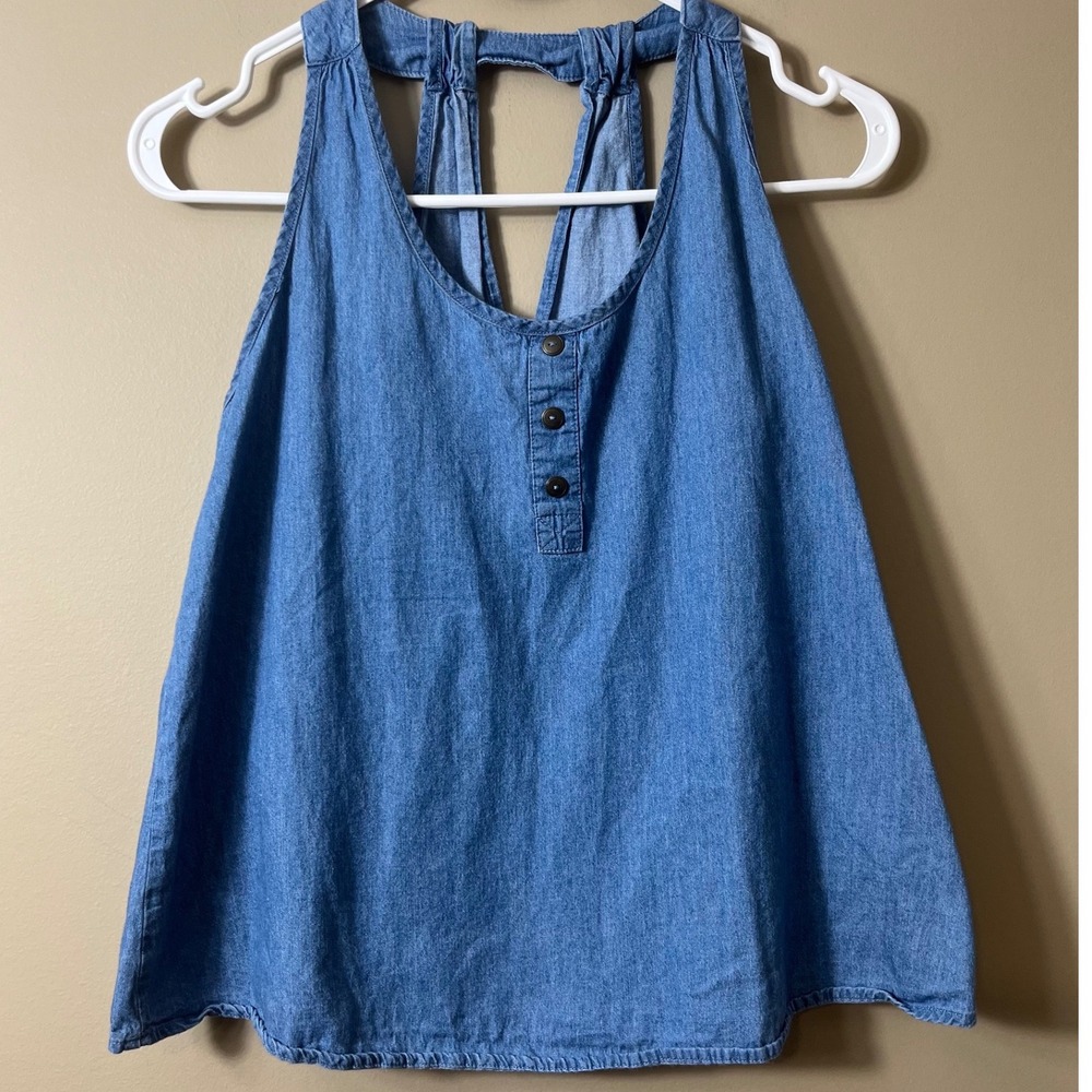 Active USA Denim Chambray Tank Top Small Blue Boho Sleeveless Henley Open Back S